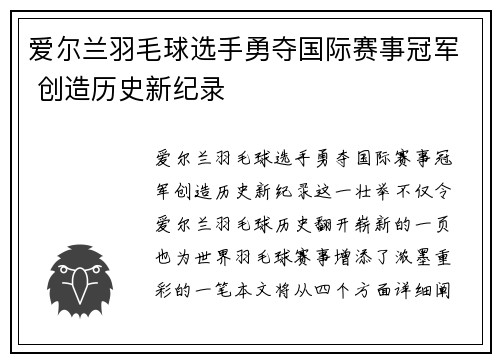 爱尔兰羽毛球选手勇夺国际赛事冠军 创造历史新纪录