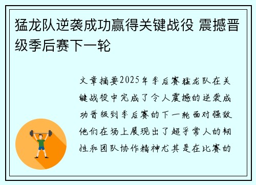 猛龙队逆袭成功赢得关键战役 震撼晋级季后赛下一轮