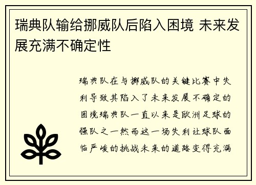 瑞典队输给挪威队后陷入困境 未来发展充满不确定性