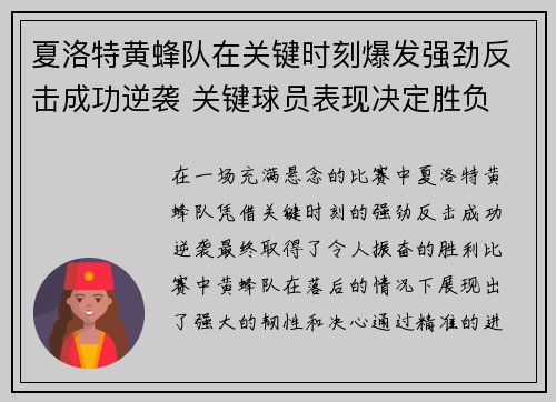 夏洛特黄蜂队在关键时刻爆发强劲反击成功逆袭 关键球员表现决定胜负